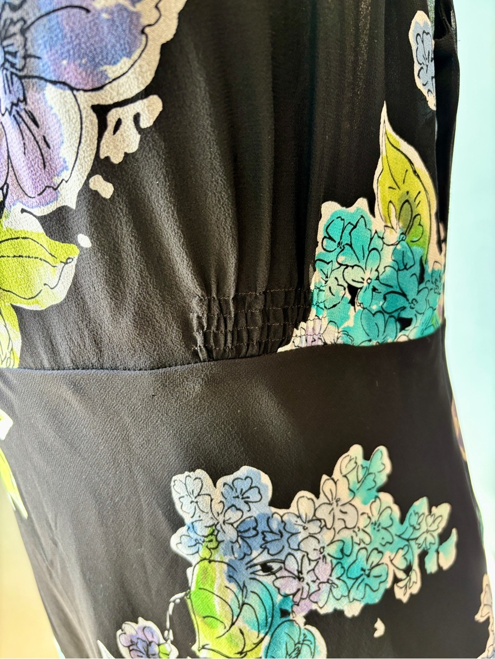 Talbots 100% Silk Black Floral Maxi Dress Purple Blue Sleeveless - 10 - Picture 4 of 7